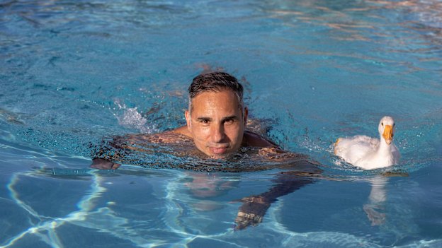 Artist Michael Zavros at his Brisbane home with Sauron the gosling: “I’ve always been anxious … I also know that tomorrow is a different day.”
