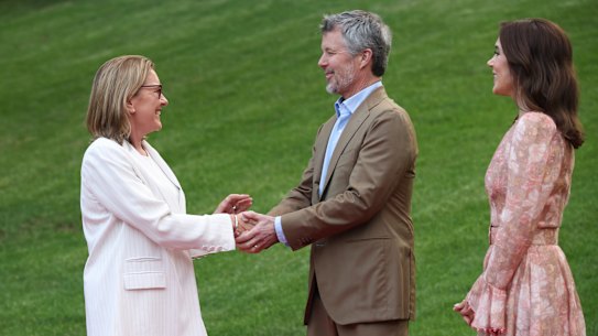 Jacinta Allan warmly greets King Frederik and Queen Mary of Denmark.