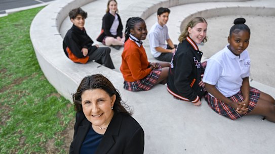 Mount Alexander College Principal Dani Angelico (back left to right) Jai Russell,  Amelia Kenny,  Hana Mathew, Xavier Huang, Lucia Williams, and Marey Mathew
