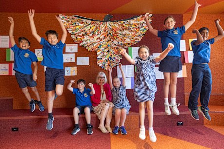 Pascoe Vale Primary School principal Anne Naughton with Oliver Josef, Leo Tippett, Joshua Hogan, Isabella Gellatly, Zara Atyah, Violet Gleeson and Mahith Fernando.