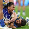 Sitili Tupouniua celebrates after scoring a try in Canterbury’s win over the Eeels.
