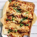 One-tray cheesy tomato and basil chicken strips.