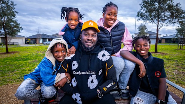 Ola Ominiyi and his four children (from left) Samuel, 10, Marvella 6, Ashanti, 16, and Abraham, 10, live in Strathtulloh, Melbourne’s most fertile suburb.