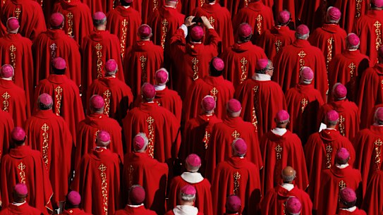 VATICAN CITY, VATICAN - APRIL 26: Cardinals attend the funeral of Pope Francis in St. Peter’s Square on April 26, 2025 in Vatican City, Vatican. Pope Francis died on April 21st at the age of 88. Born in Argentina as Jorge Mario Bergoglio, he was the first Latin American and the first Jesuit to become Pope when elected in 2013. Taking the name Francis after St Francis of Assisi, he promoted a more humble version of the papacy than many of his predecessors. He will be buried outside of the Vatican in a simple wooden coffin at the Basilica Santa Maria Maggiore. (Photo by Dan Kitwood/Getty Images)