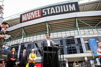 AFL chief executive Gillon McLachlan speaks to the media about the Marvel Stadium redevelopment. 