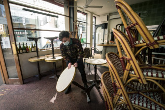 Staff at Kirk’s Wine Bar in Melbourne prepare for the day’s trade. 