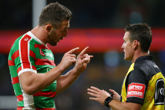 Sam Burgess remonstrates with referee Adam Gee during an NRL season characterised by controversial decisions.