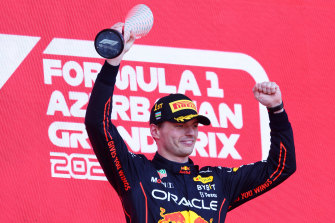 Max Verstappen on the podium in Baku.