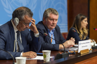 Tedros Adhanom Ghebreyesus, director general of the WHO, Michael Ryan, executive director of the WHO Health Emergencies Program and Maria van Kerkhove, head of the Outbreak Investigation Task Force.