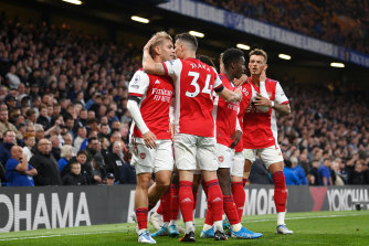 Emile Smith Rowe (left) celebrates Arsenal’s second goal with Granit Xhaka.