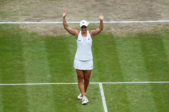 Ash Barty enjoys her Wimbledon victory in 2021.