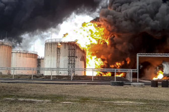 The fire at an oil depot in Belgorod region, Russia. The governor of the Russian border region accused Ukraine of attacking it on Friday.