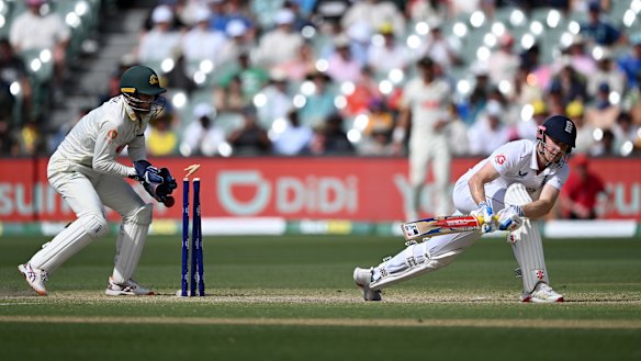 Harry Brook is bowled after an ill-advised attempted reverse sweep.