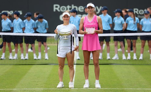Ajla Tomljanovic (right) had to settle for the runner-up trophy after losing to Yulia Putintseva in the Birmingham Classic.