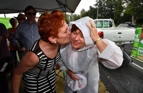 One Nation leader Senator Pauline Hanson (left) and ALP member for Bundamba Jo-Ann Miller (right) are seen together on the hustings in Ipswich in 2017.
