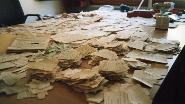 Fragments of hand-ripped files at the Stasi File Authority's outpost in 2000. 