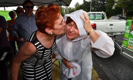 One Nation leader Senator Pauline Hanson (left) and ALP member for Bundamba, Jo-Ann Miller (right) are seen together in the suburb of Bundamba in Ipswich in 2017