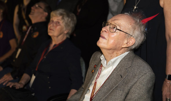 Eugene Parker a pioneer in heliophysics, watches the launch of the Delta IV rocket, carrying the Parker Solar Probe, which is named after him.