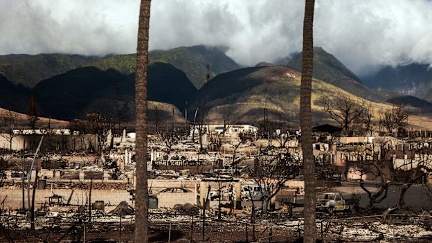 The wreckage of a neighborhood destroyed by last week’s wildfire in Lahaina, on the Hawaiian island of Maui.