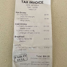 The bill for lunch at the Conservation Hut Cafe in Wentworth Falls.