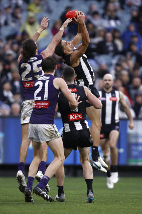 Collingwood’s Ash Johnson flies and marks against Fremantle at the MCG.