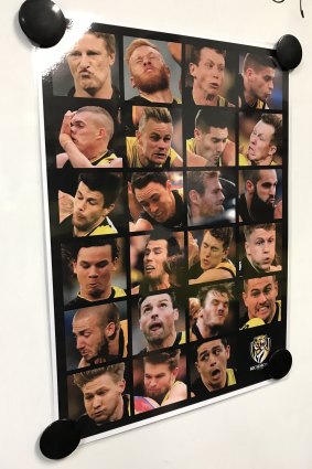 Richmond’s “munted selves”: Part of Damien Hardwick’s inspiration for the Tigers before the 2017 AFL grand final. The message was that these imperfect head shots of his players were what he wanted to see, as grand finals were imperfect and messy.