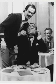John Cleese as Basil Fawlty, Bernard Cribbins as Mr Hutchinson, 1989.