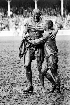 Gladiators: John O'Gready's iconic image of St George captain Norm Provan and Wests' Arthur Summons after the 1963 grand final. 