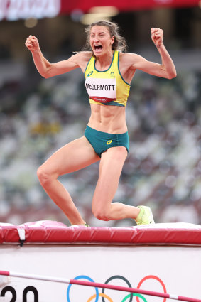 Australian high jumper Nicola McDermott celebrates winning silver.