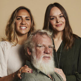 ABIA award-winning writer Kirli Saunders (left) and <i>Dark Emu</i> author Bruce Pascoe with illustrator Charmaine Ledden-Lewis.