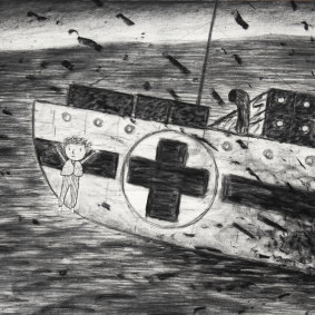Dean Bowen, Nurse Savage Jumps into the Sea, 2020, charcoal on paper (detail).