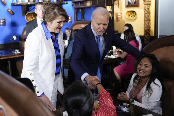 President Joe Biden and Maritza Rodriguez, Biden for President Latina adviser, greeting patrons at a Mexican restaurant in Las Vegas on Wednesday (US time).