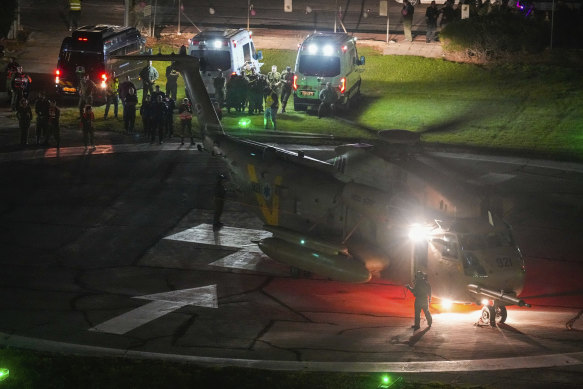 A helicopter carrying hostages released by Hamas lands at Schneider Children’s Medical Centre in Petah Tikva, Israel.