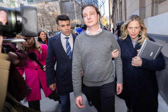 Lynn’s son Geordie is escorted from court by lawyers on Tuesday.