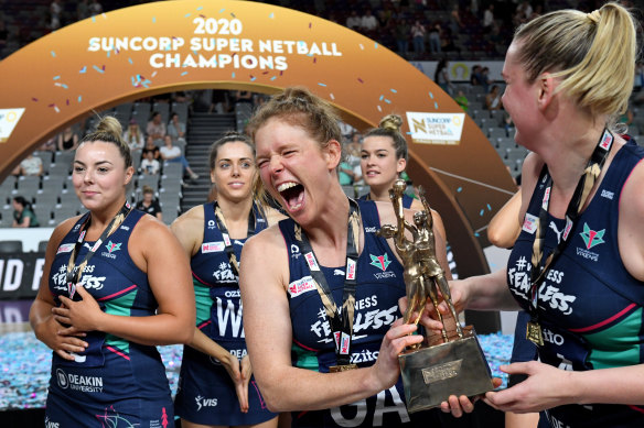 Tegan Philip of the Vixens celebrates victory in the 2020 Super Netball grand final.