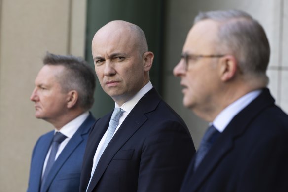 Energy Minister Chris Bowen (left), Matt Kean and Prime Minister Anthony Albanese at the press conference announcing Kean’s appointment.