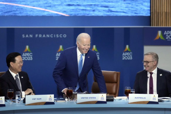 Vietnam’s President Vo Van Thuong, left, and Australian Prime Minister Anthony Albanese smile as US President Joe Biden arrives for an informal dialogue and working lunch at the annual Asia-Pacific Economic Co-operation summit.