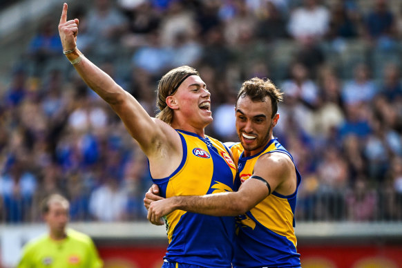 Harley Reid celebrates a goal in West Coast’s win over Richmond. He will need to keep dominating to earn a big wage in this third season. 