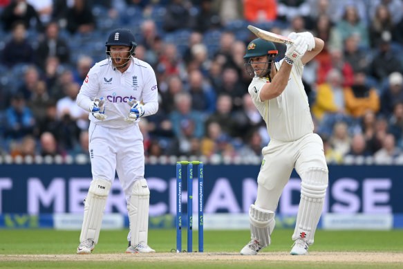 Mitch Marsh batting in the fourth Test at Old Trafford in Manchester in July.