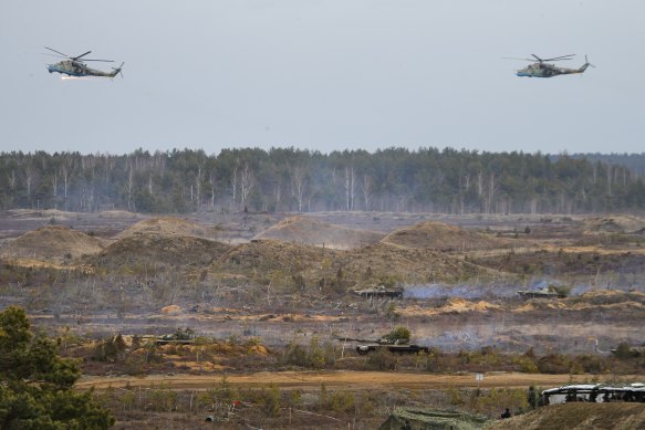 Russian-Belarus military drills at the Obuz-Lesnovsky training ground in Belarus on Saturday.
