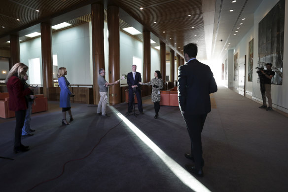 Social distancing during a press conference for Finance Minister Mathias Cormann.