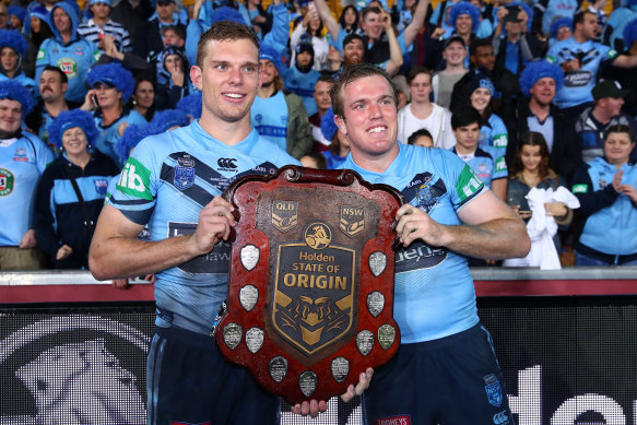 Tom and Jake Trbojevic celebrate the Blues’ Origin win in 2018.