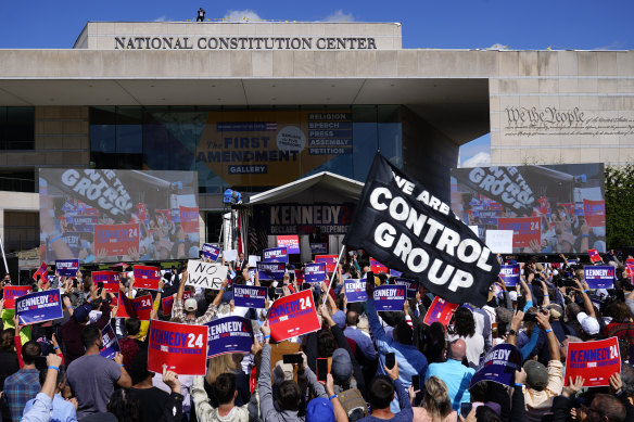 Supporters listen to presidential candidate Robert F. Kennedy jnr on Monday.