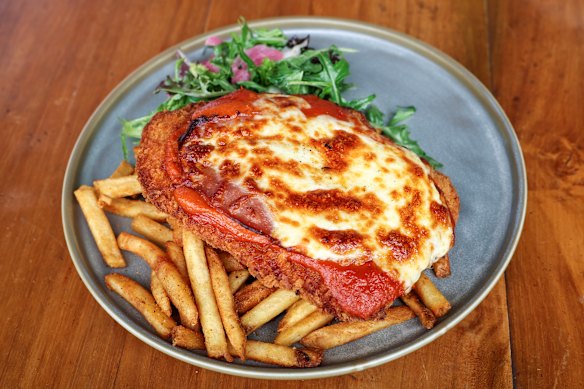 Chicken parma and chips.