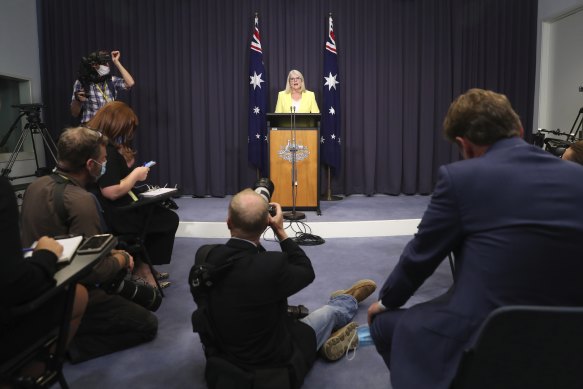 Home Affairs Minister Karen Andrews at a press conference at Parliament House on Thursday.