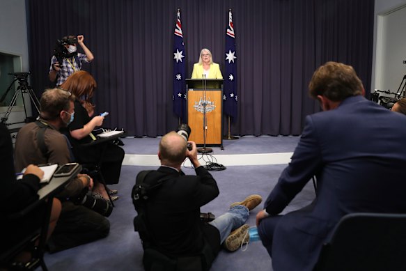 Home Affairs Minister Karen Andrews at a press conference at Parliament House on Thursday.