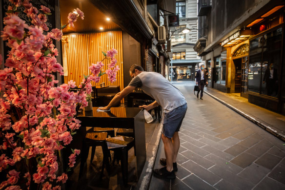 Nick Brewer prepares to open his cafe Issus on Melbourne’s Degraves Street.