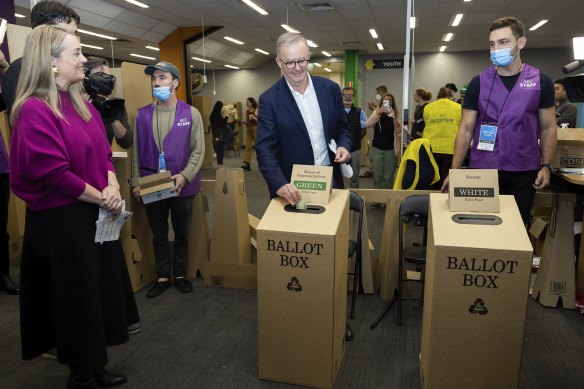 Anthony Albanese, voting with partner Jodie Haydon, was ahead when the question was about who cared more about helping Australians.