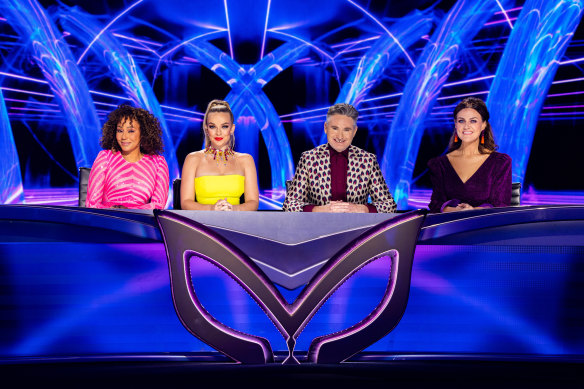 The new Masked Singer panel (from left): Mel B, Abbie Chatfield, Dave Hughes and Chrissie Swan.