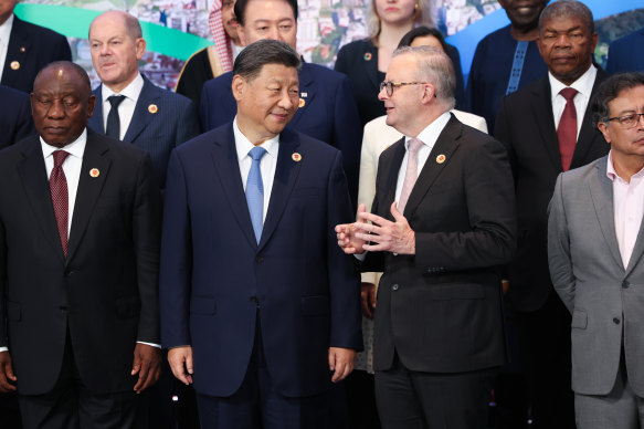 China’s President Xi Jinping and Prime Minister Anthony Albanese at the G20 on Tuesday.